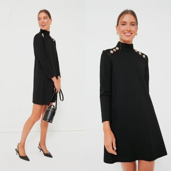 Tuckernuck NEW Black Mod Ellie Long Sleeve Gold Button Swing Mini Dress Size S